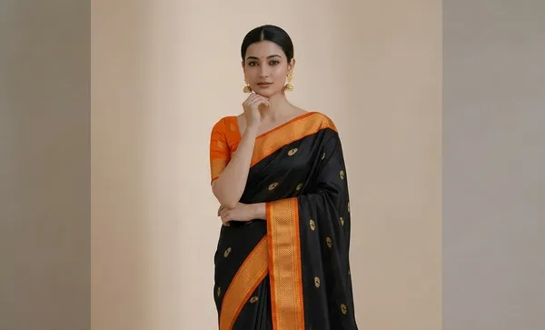 Black_And_Orange_Sico_Silk_Paithani_Zari_Border_Party_Saree_For_Women