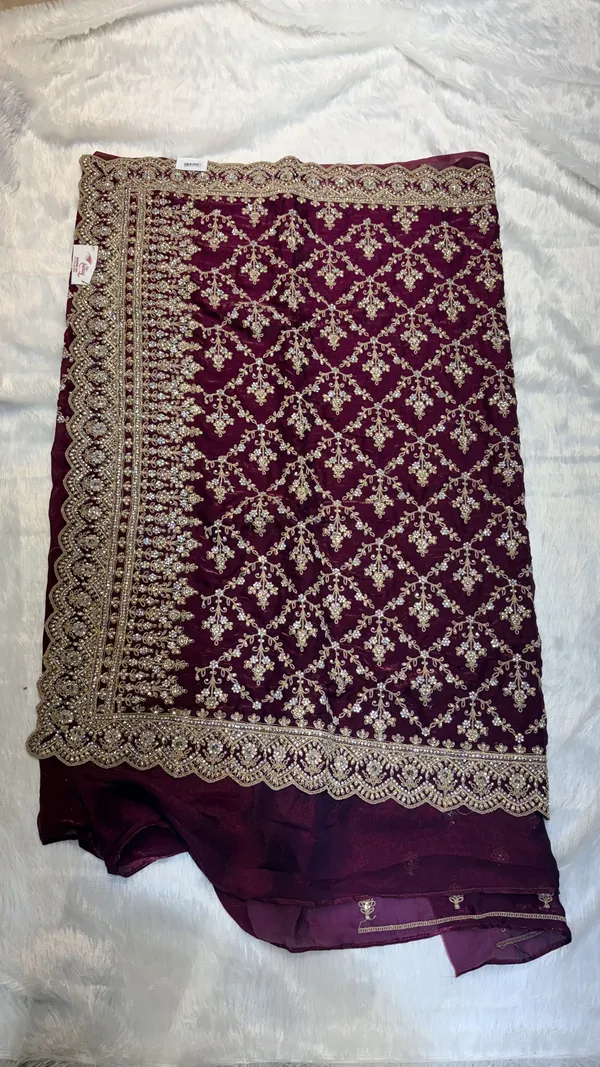 Wine_Velvet_Zari_Embroidered_Diamond_Lattice_Saree_For_Women
