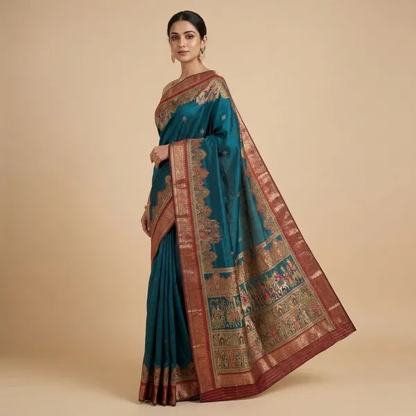 Blue_Banarasi_Silk_Paithani_Saree_With_Zari_Border_For_Women