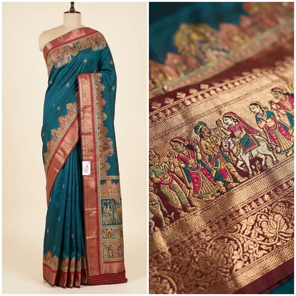 Blue_Banarasi_Silk_Paithani_Saree_With_Zari_Border_For_Women