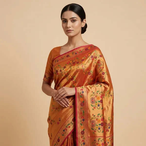 Rust_Silk_Floral_Embroidered_Paithani_Style_Saree_For_Women