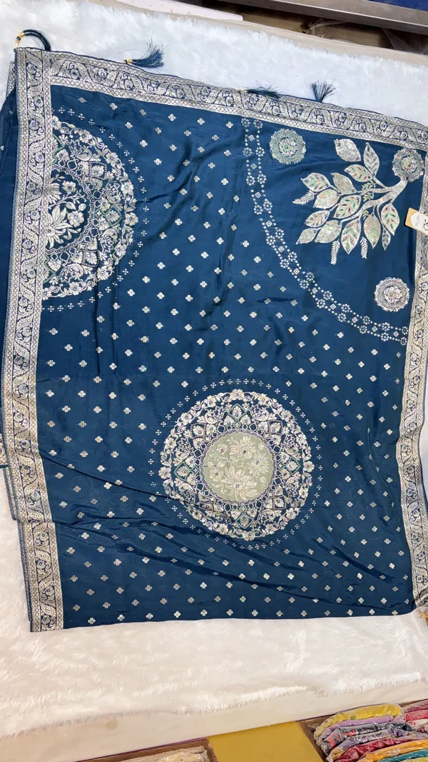 Blue_Velvet_Embroidered_Saree_With_Floral_Motif