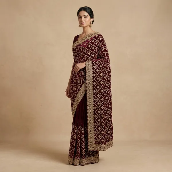 Wine_Velvet_Zari_Embroidered_Diamond_Lattice_Saree_For_Women