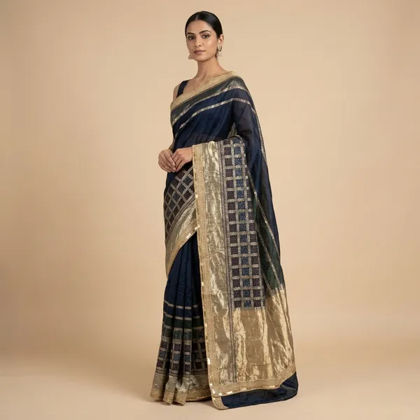 Navy_Blue_Embroidered_Saree_With_Gold_Border