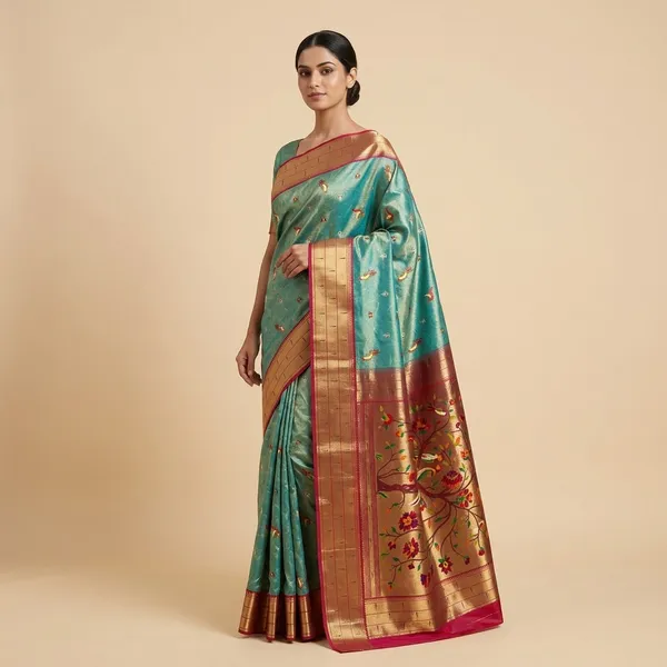 Turquoise_Silk_Paithani_Zari_Border_Saree_For_Women