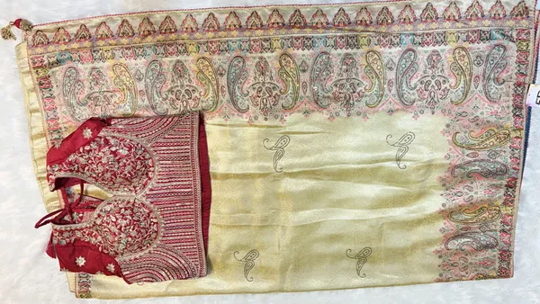 Cream_Paisley_Embroidered_Silk_Saree_With_Red_Blouse