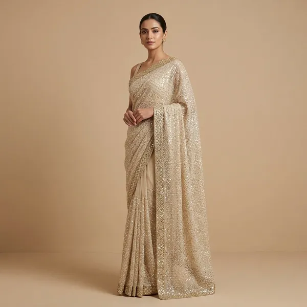 Cream_Net_Shimmer_Golden_Border_Embellished_Saree_For_Women
