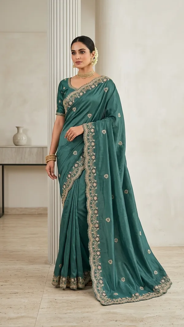 Teal_Velvet_Embroidered_Saree_With_Floral_Border