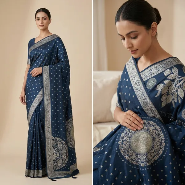 Blue_Velvet_Embroidered_Saree_With_Floral_Motif