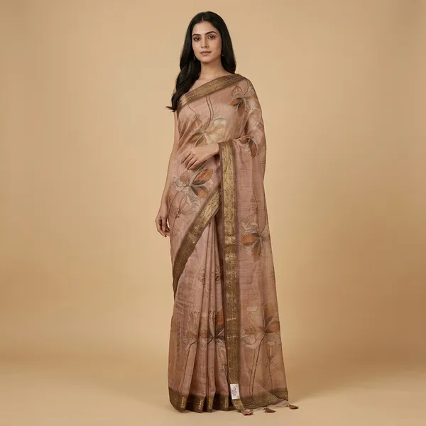 Brown_Golden_Floral_Embroidered_Organza_Saree_With_Border