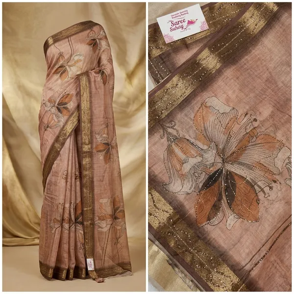 Brown_Golden_Floral_Embroidered_Organza_Saree_With_Border