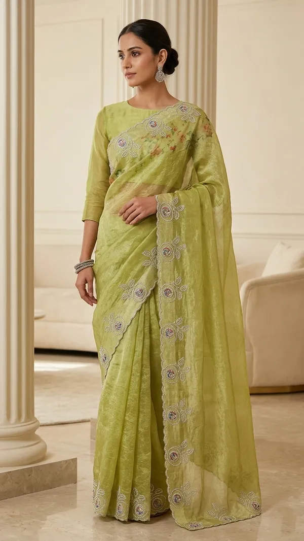 Green_Velvet_Embellished_Saree_With_Mirror_Work
