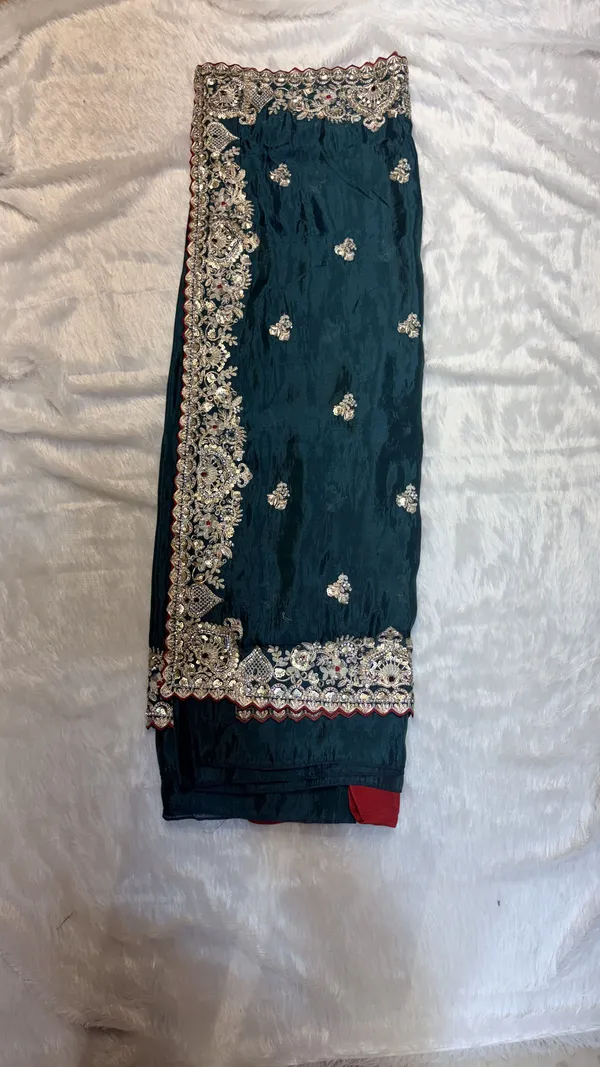 Peacock_Blue_Floral_Embroidered_Golden_Lace_Border_Saree_For_Women