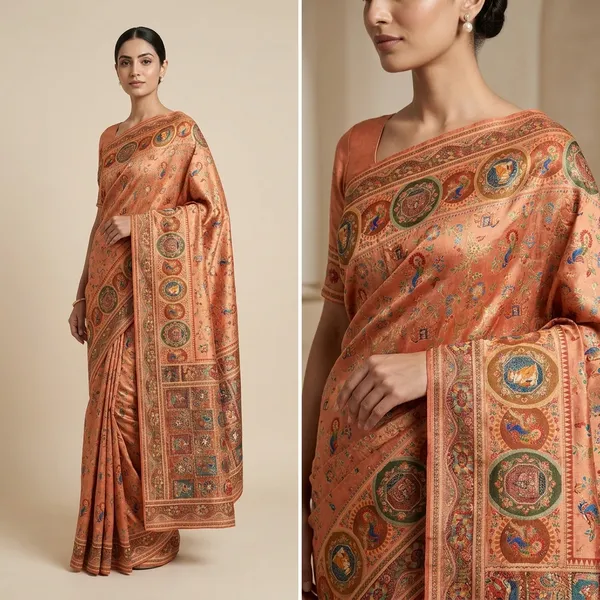 Peach_Silk_Embroidered_Peacock_Motif_Saree_For_Women