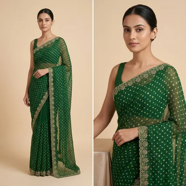 Green_Georgette_Embroidered_Saree_With_Golden_Border