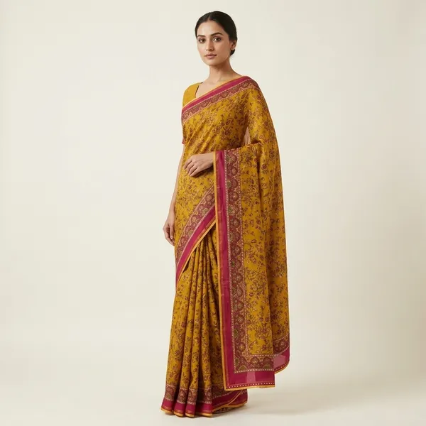 Mustard_Yellow_Floral_Print_Ethnic_Saree_For_Women