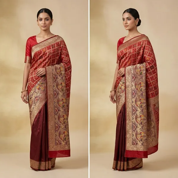 Beige_And_Red_Kalamkari_Print_Saree_For_Women