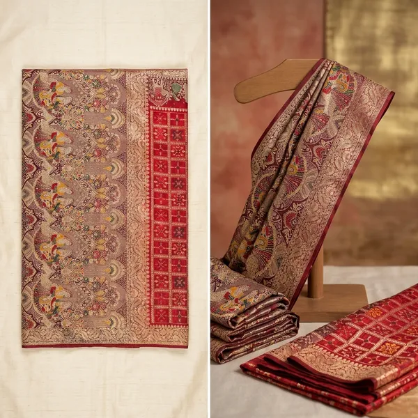 Beige_And_Red_Kalamkari_Print_Saree_For_Women