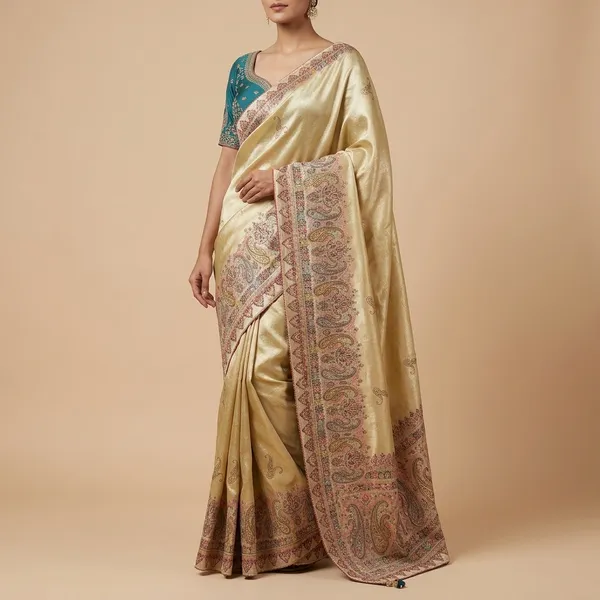 Cream_Paisley_Border_Silk_Saree_With_Teal_Embroidered_Blouse