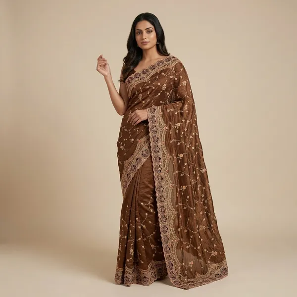 Brown_Embroidered_Floral_Motif_Saree_For_Women
