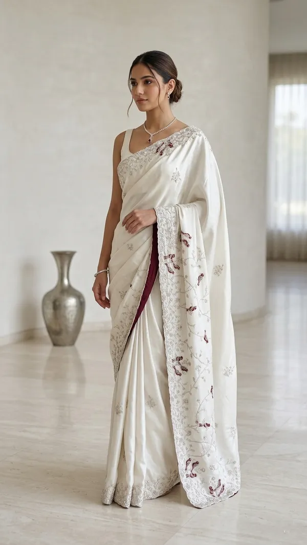 White_Embroidered_Floral_Sheer_Saree_With_Maroon_Accents