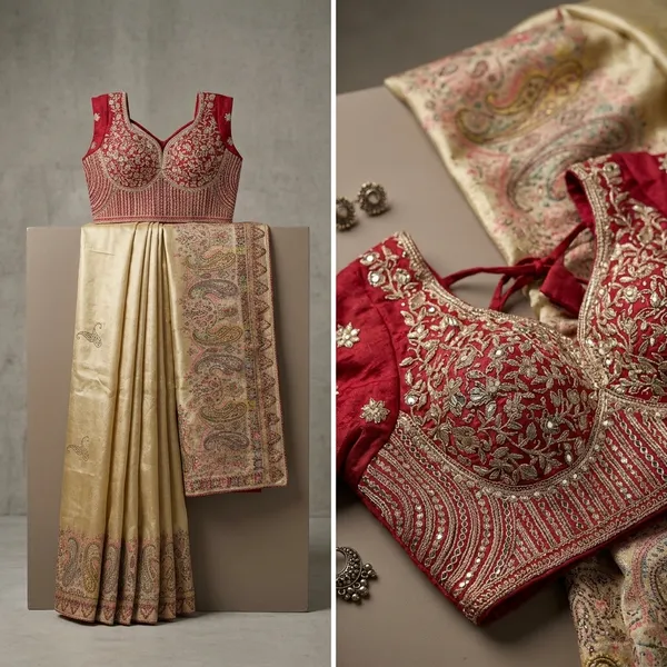 Cream_Paisley_Embroidered_Silk_Saree_With_Red_Blouse