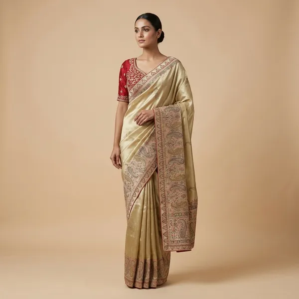 Cream_Paisley_Embroidered_Silk_Saree_With_Red_Blouse