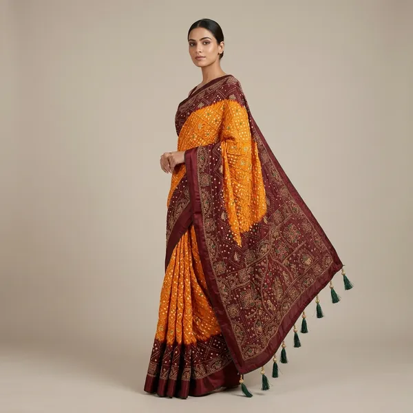 Maroon_And_Orange_Bandhani_Saree_With_Embroidered_Border