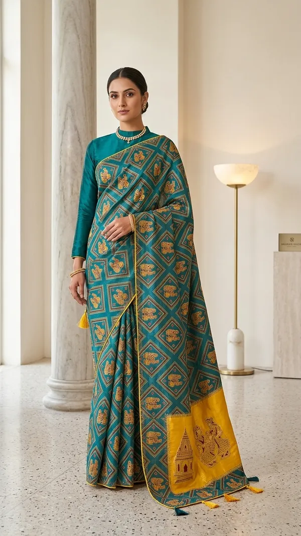 Blue_Printed_Cotton_Saree_With_Tassels