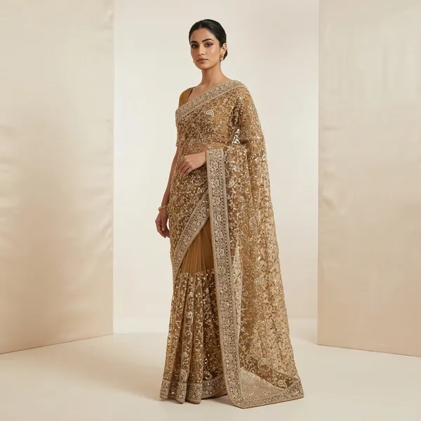 Mustard_Georgette_Sequin_Embellished_Floral_Saree_For_Women