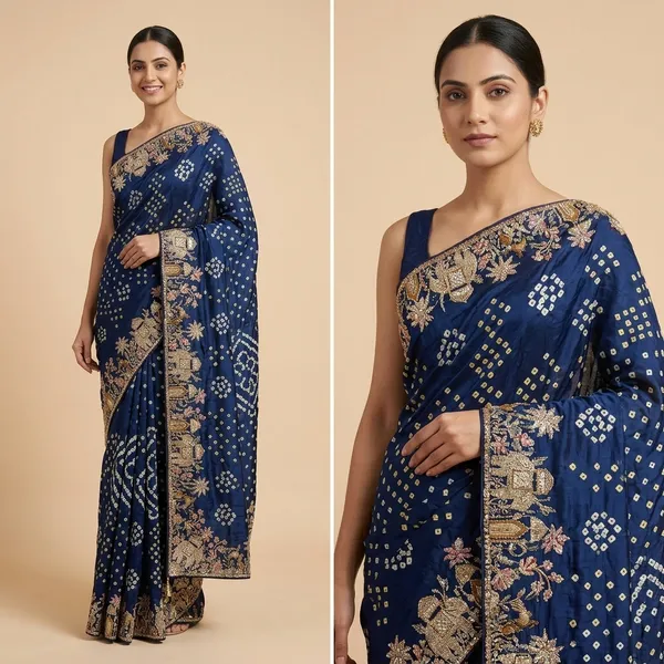 Navy_Blue_Georgette_Bandhani_Print_Embroidered_Border_Saree_For_Women