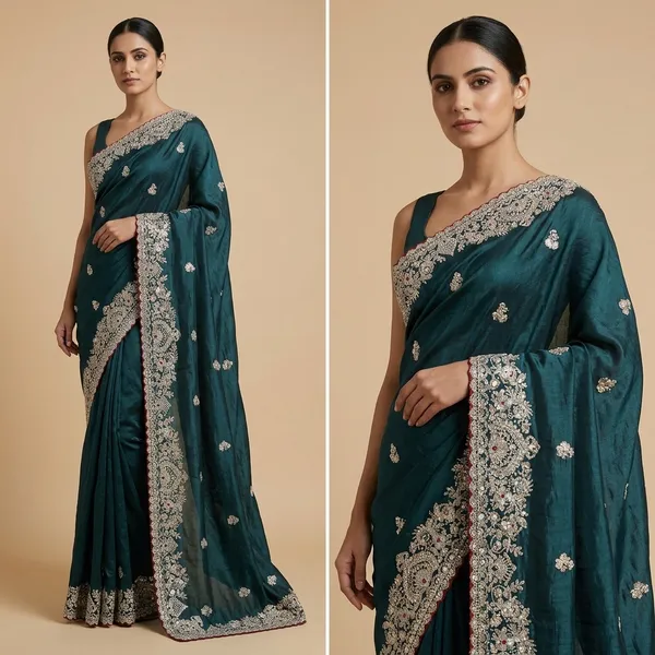 Peacock_Blue_Floral_Embroidered_Golden_Lace_Border_Saree_For_Women