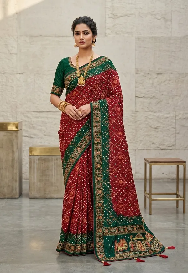 Maroon_Red_Bandhani_Silk_Saree_With_Green_Border