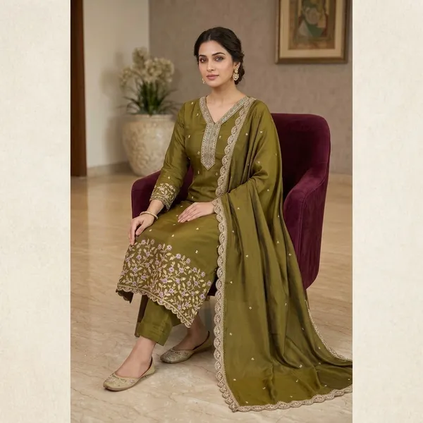 Olive_Green_Silk_Embroidered_Kurti_Set_With_Dupatta_For_Women