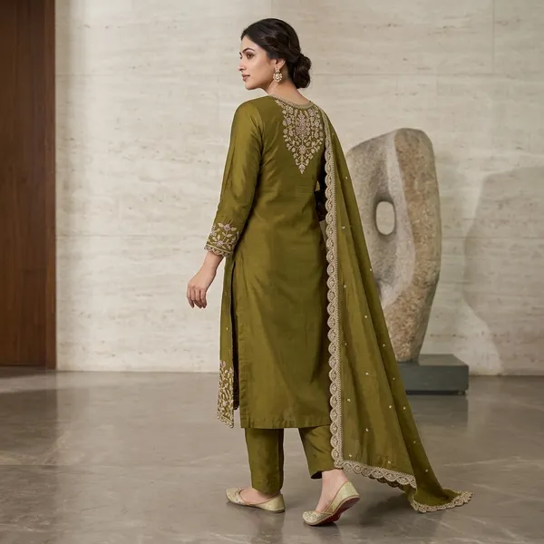Olive_Green_Silk_Embroidered_Kurti_Set_With_Dupatta_For_Women