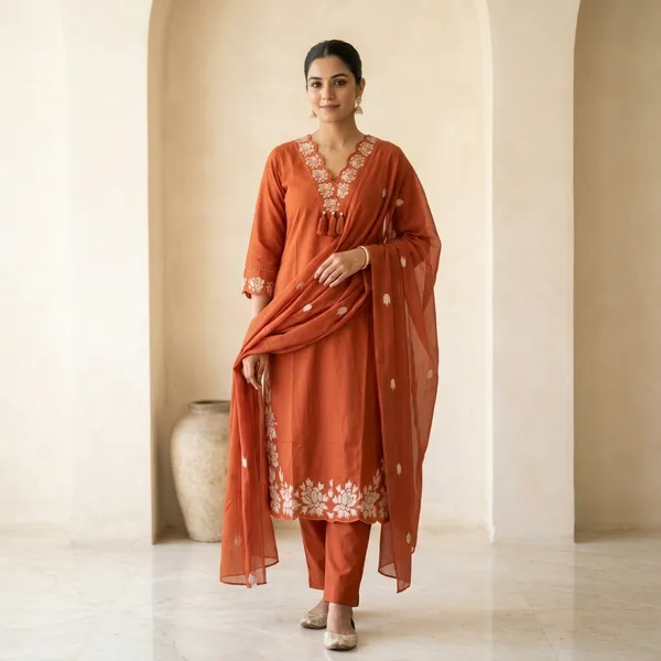 Orange_Cotton_Relaxed_Floral_Embroidered_Kurti_Set_With_Dupatta_For_Women