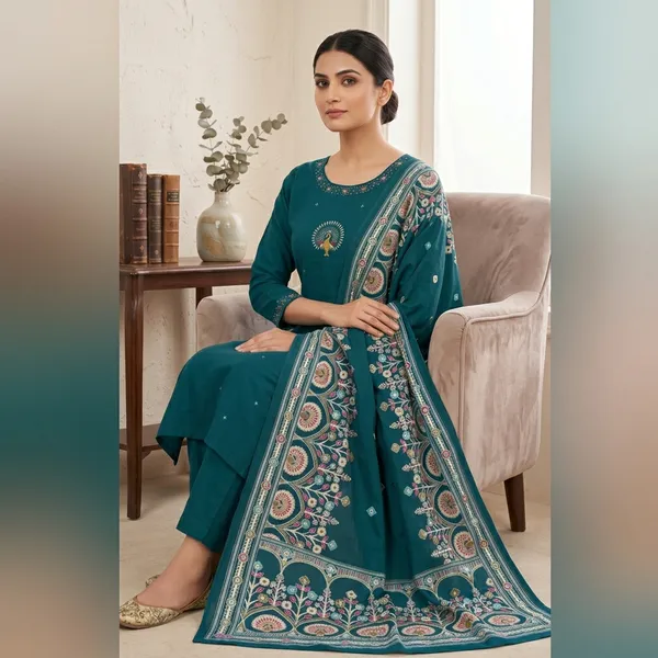 Teal_Silk_Relaxed_Embroidered_Kurti_Set_With_Dupatta_For_Women