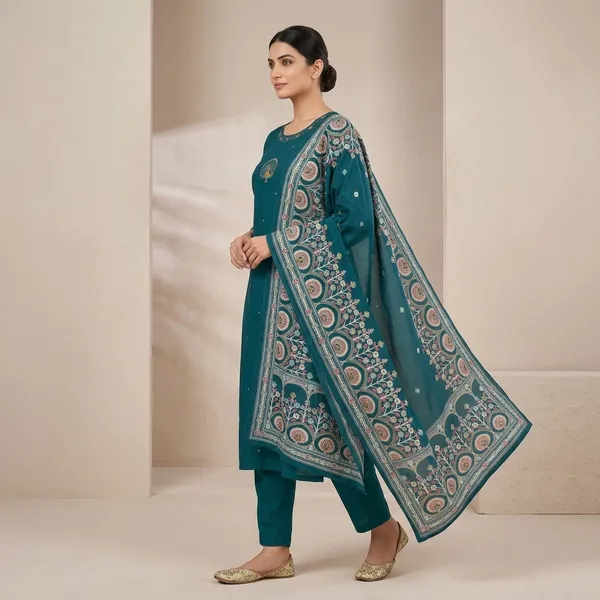 Teal_Silk_Relaxed_Embroidered_Kurti_Set_With_Dupatta_For_Women
