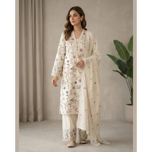Off_White_Cotton_Straight_Floral_Embroidered_Kurti_Set_With_Dupatta_For_Women