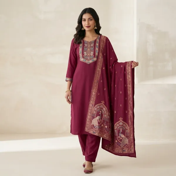 Maroon_Silk_Straight_Embroidered_Kurti_Set_With_Dupatta_For_Women