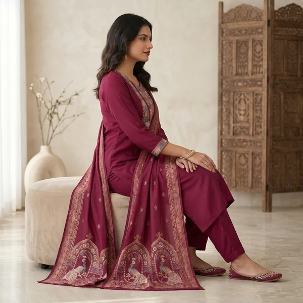 Maroon_Silk_Straight_Embroidered_Kurti_Set_With_Dupatta_For_Women