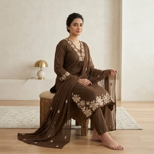 Brown_Cotton_Straight_Embroidered_Kurti_Set_With_Dupatta_For_Women