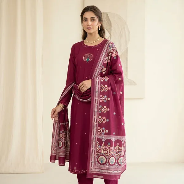 Maroon_Silk_Straight_Embroidered_Kurti_Set_With_Dupatta_For_Women