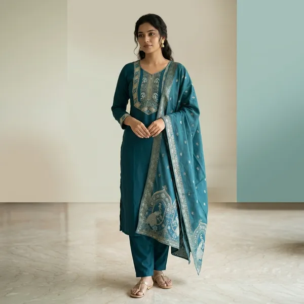 Teal_Silk_Straight_Embroidered_Kurti_Set_With_Dupatta_For_Women