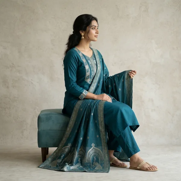 Teal_Silk_Straight_Embroidered_Kurti_Set_With_Dupatta_For_Women