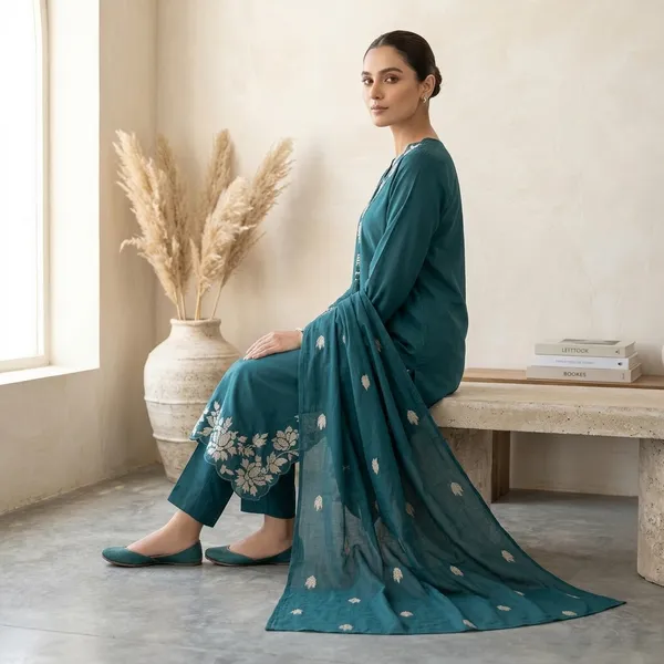 Teal_Cotton_Straight_Embroidered_Kurti_Set_With_Dupatta_For_Women