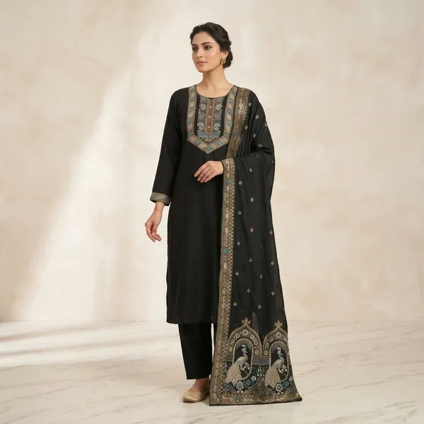 Black_Silk_Straight_Embroidered_Kurti_Set_With_Dupatta_For_Women