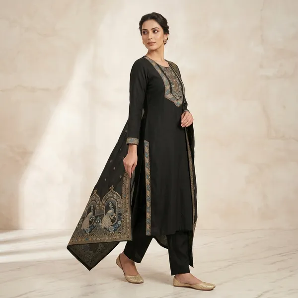 Black_Silk_Straight_Embroidered_Kurti_Set_With_Dupatta_For_Women