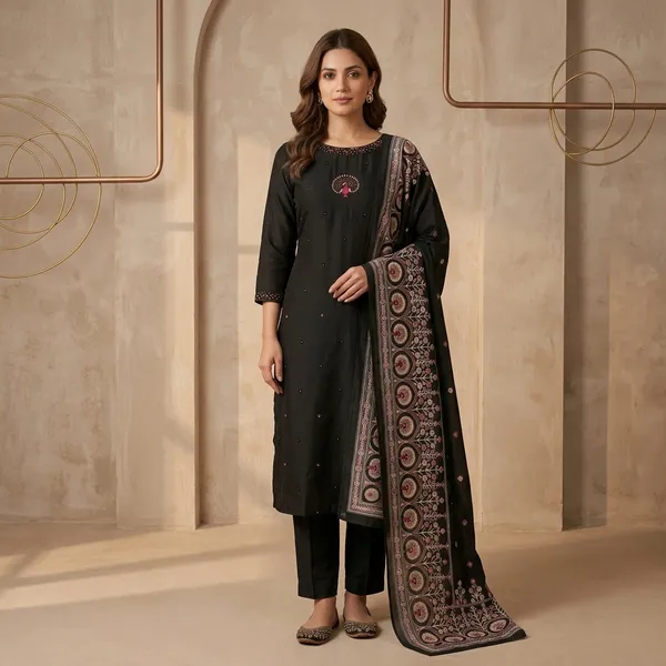 Black_Silk_Straight_Embroidered_Kurti_Set_With_Dupatta_For_Women