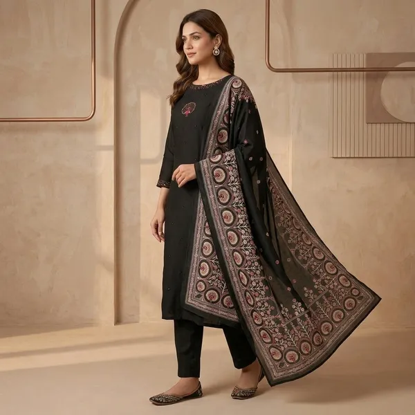 Black_Silk_Straight_Embroidered_Kurti_Set_With_Dupatta_For_Women
